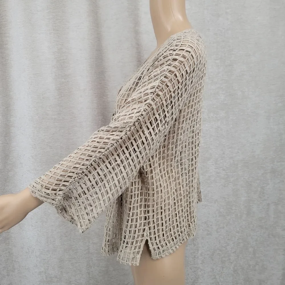 Keren Hart Cotton Fishing Net Knit Cardigan Oversized Button Accents Lagenlook